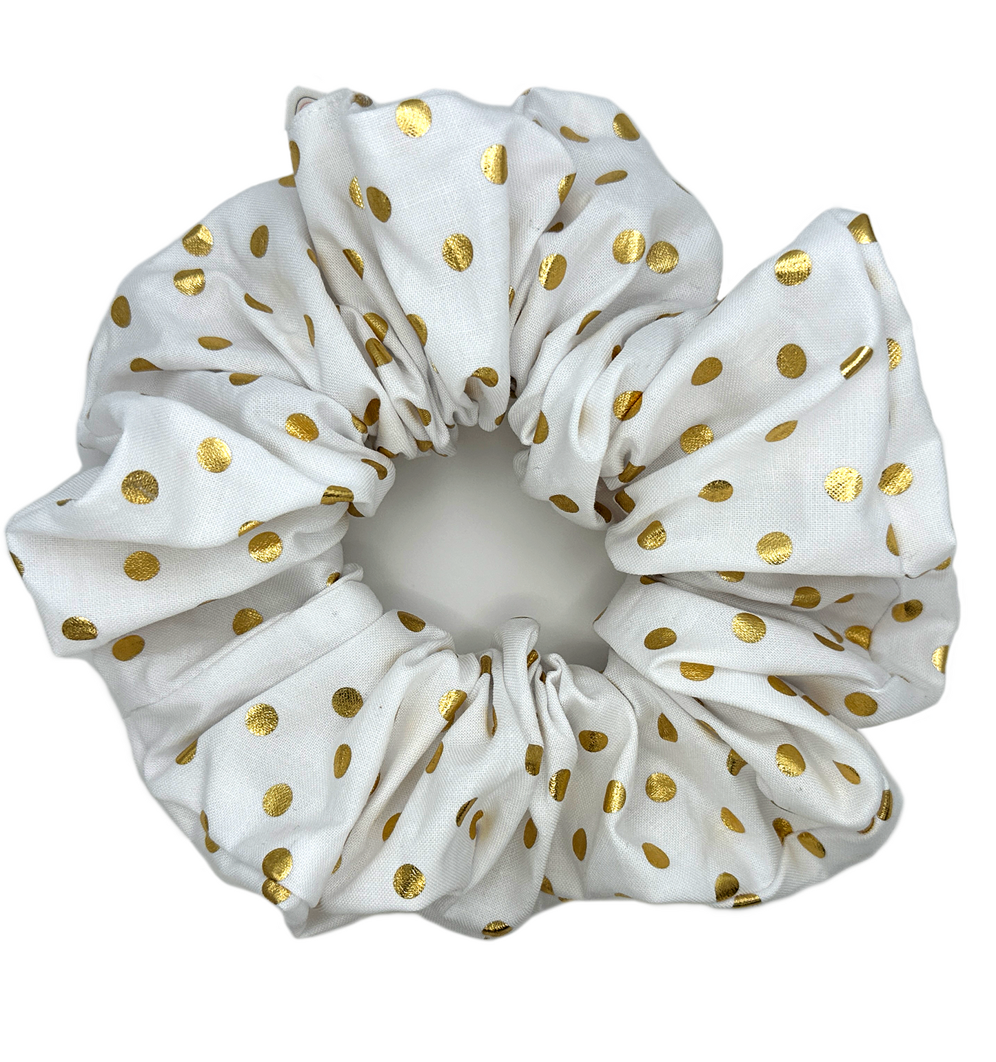 Golden Dazzle Oversized Scrunchie - A luxurious hair accessory featuring metallic gold polka dots on a bright white background, adding glamour and sophistication to any hairstyle.